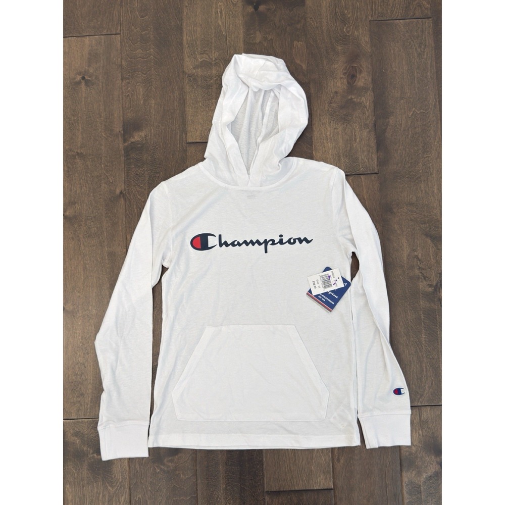 Champion Boys Size‎ M White Hooded Long Sleeve T-Shirt Color block Script Logo